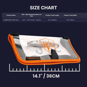LureShield Pro XL size chart: fits lures 21–30 cm, cover 36 cm long and 15 cm wide