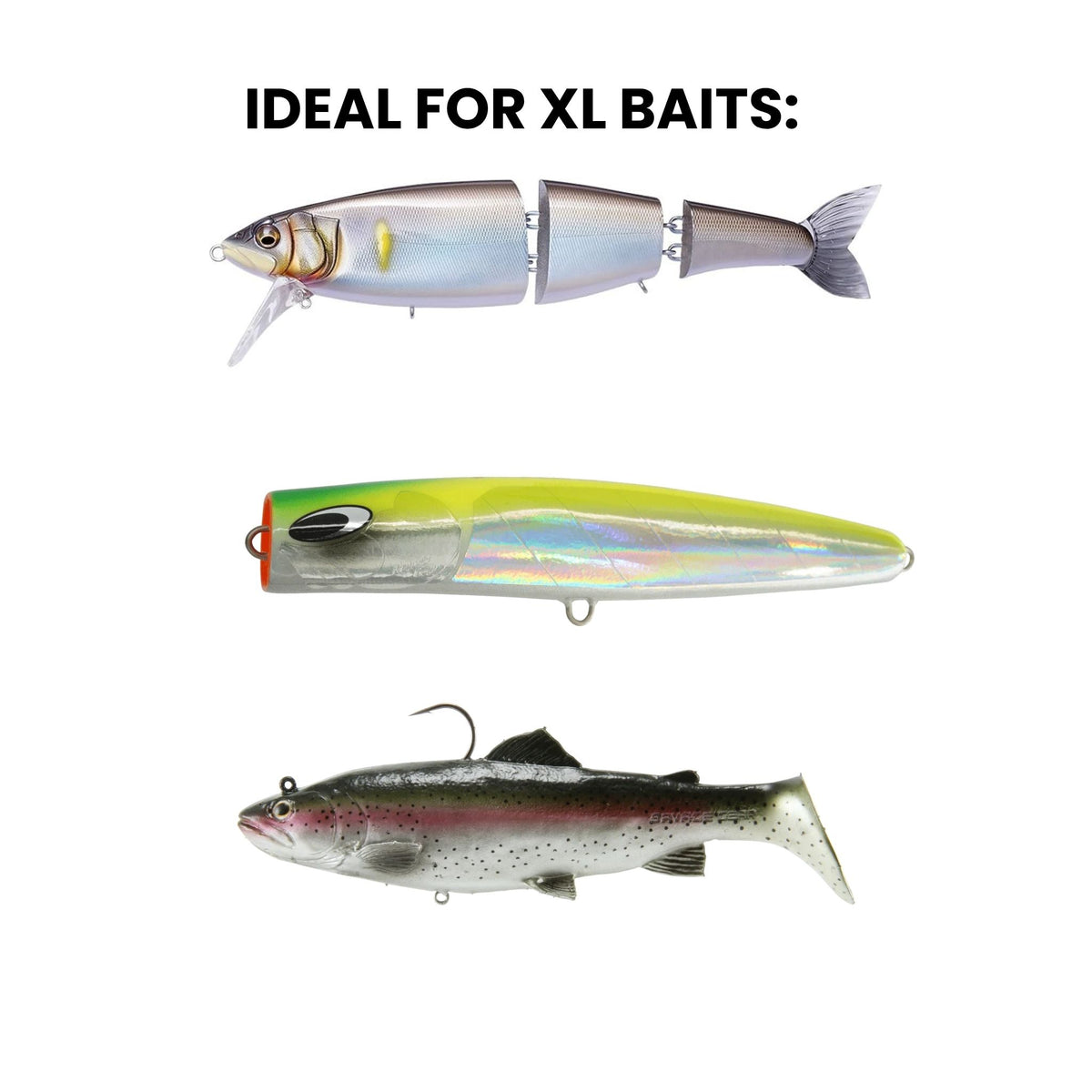 Big lures the LureShield Pro XL suits: a jointed swimbait, a large popper and a soft trout swimbait