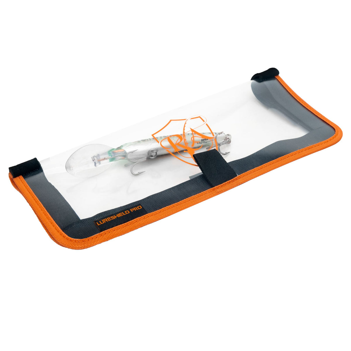 LureShield Pro XL lure cover open flat, a hard-body lure under the clear pierce-resistant window with orange trim
