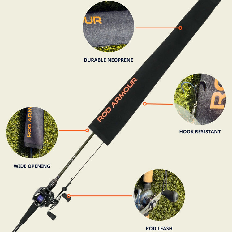 Rod Armour Pro sleeve on a baitcast rod: durable neoprene, wide opening, hook-resistant fabric and rod leash