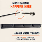 Broken rod tip beside the Rod Armour Pro sleeve's padded Armour-Zorb tip section, up to 300% thicker than neoprene