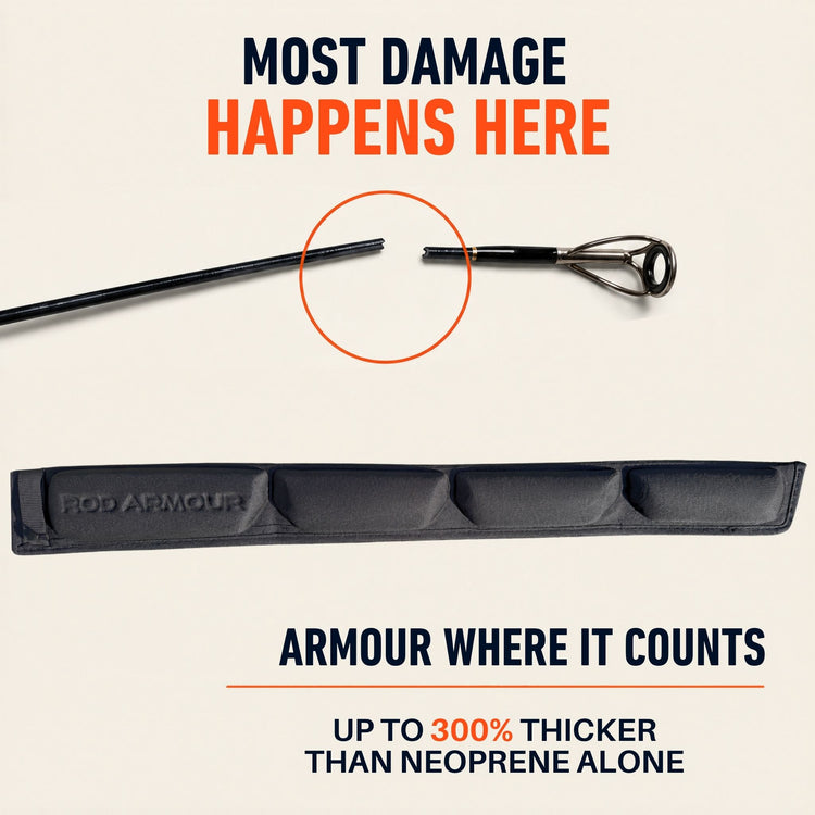 Broken rod tip beside the Rod Armour Pro sleeve's padded Armour-Zorb tip section, up to 300% thicker than neoprene