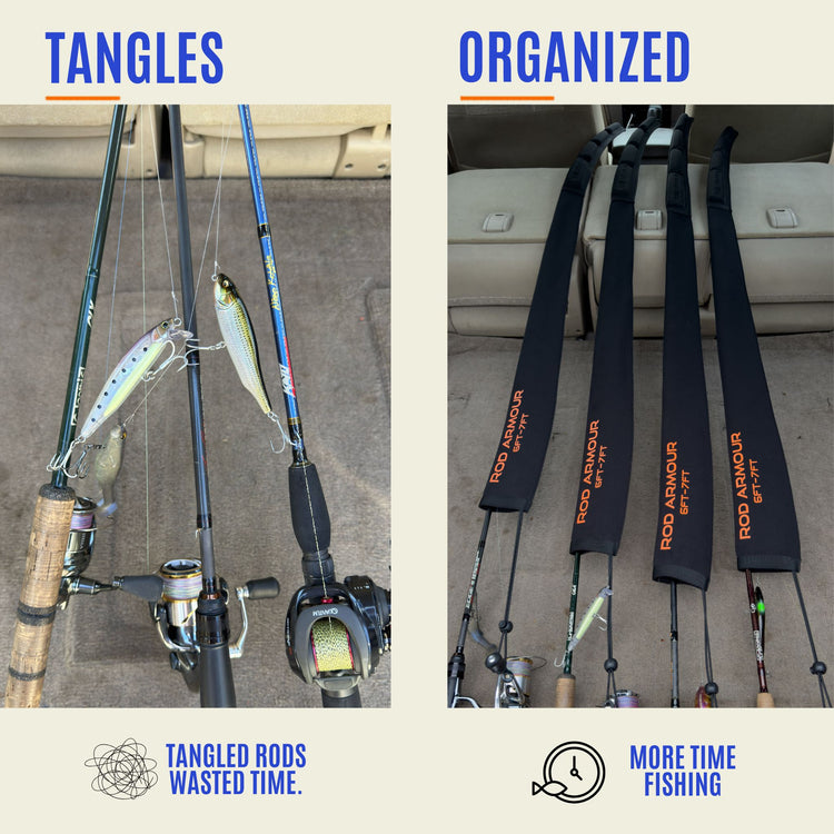 Tangled rods and lures in a car boot next to four rods in Rod Armour 6–7 ft Pro sleeves, neat and separated