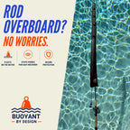 Rod Armour Pro sleeve floating in clear water on a baitcast rod, showing the sleeve is buoyant