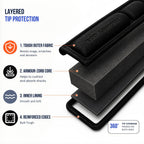 Cutaway of the Pro sleeve tip: tough outer fabric, Armour-Zorb padded core, inner lining and reinforced edges