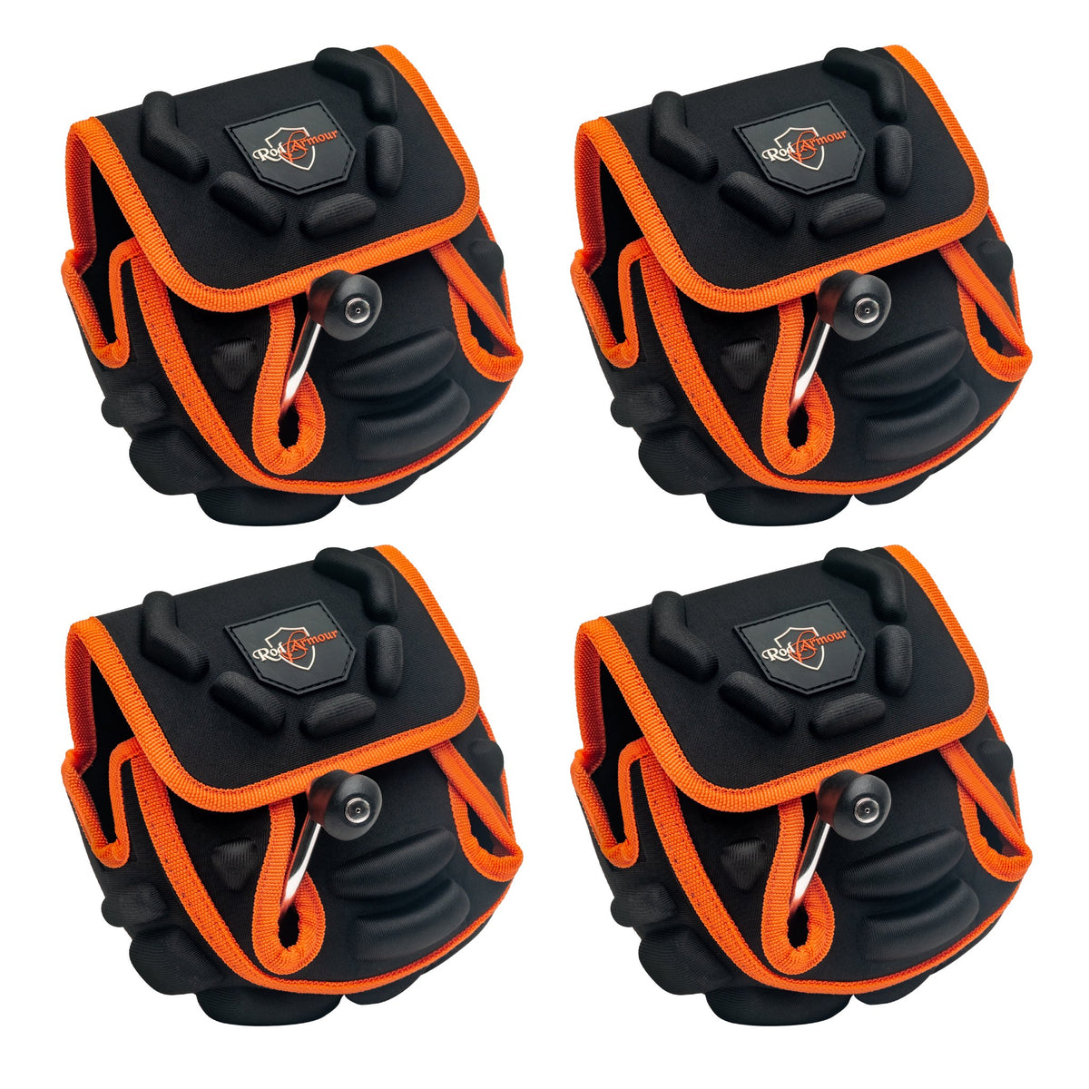 Reel Armour Spinning Edition 4 pack showing four black and orange reel covers stacked