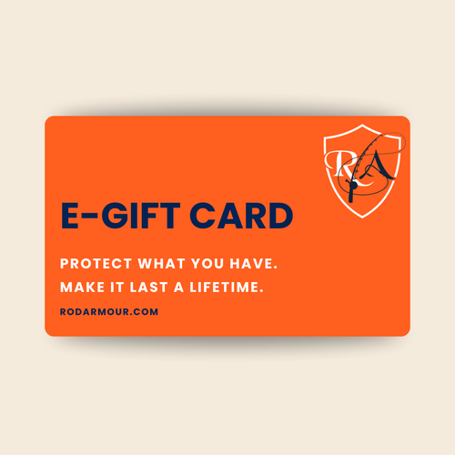 Rod Armour orange e-gift card with shield logo on cream background