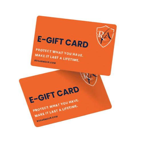 Two Rod Armour orange e-gift cards stacked with shield logo and lifetime tagline