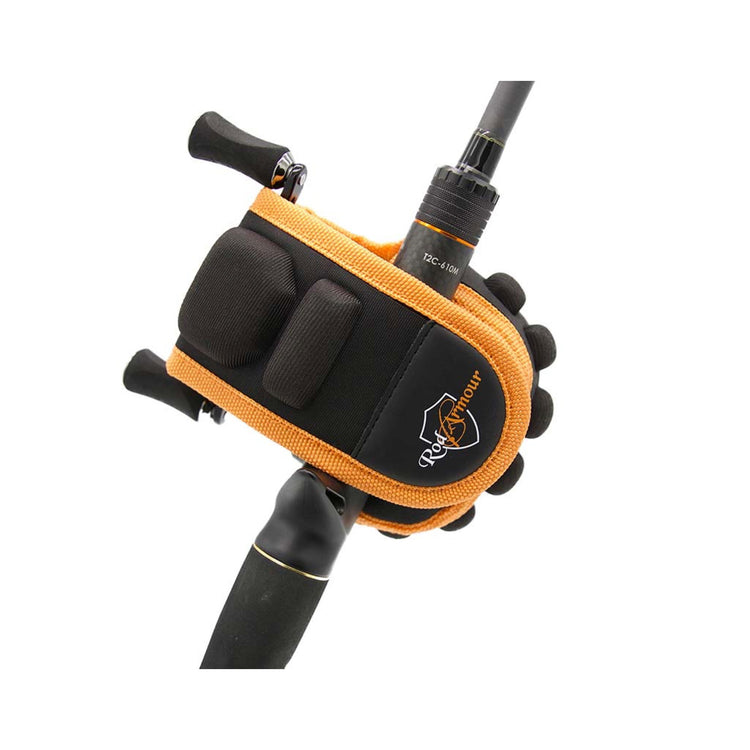 Rod Armour Baitcast Reel Cover — black and orange protective case on a baitcaster