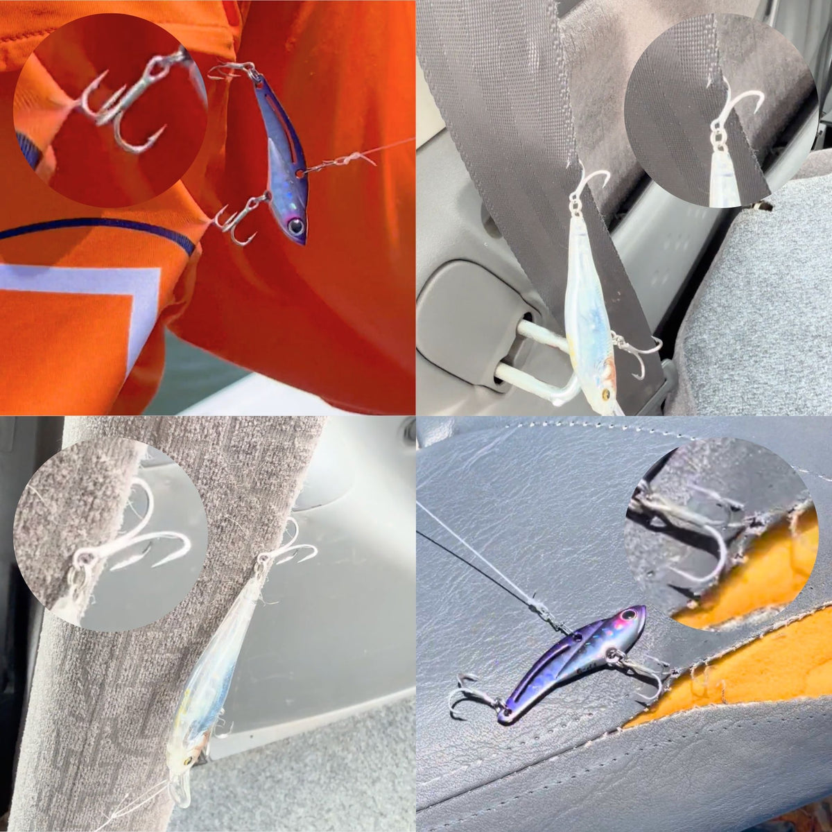 Tangled fishing lure hook caught in car seat — the problem LureShield solves