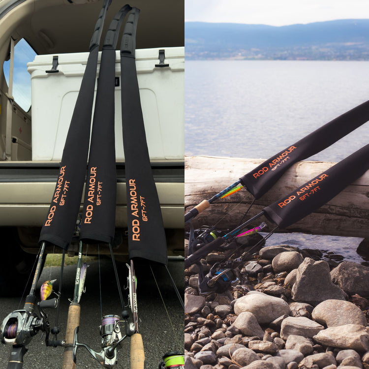 Rigged rods in Rod Armour 6–7 ft Pro sleeves, leaning on a car with an esky and laid on lakeside rocks